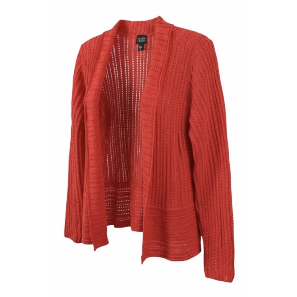Eileen Fisher Peplum Cardigan Sweater Womens Medium Red 100% Linen Open Front